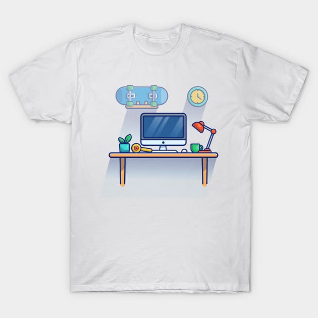 Table, Monitor, Plant, Cup, Lamp, Mouse, Skateboard And Clock Cartoon T-Shirt by Catalyst Labs